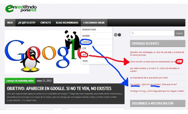 pantallazo de los links internos de enredandoporlared